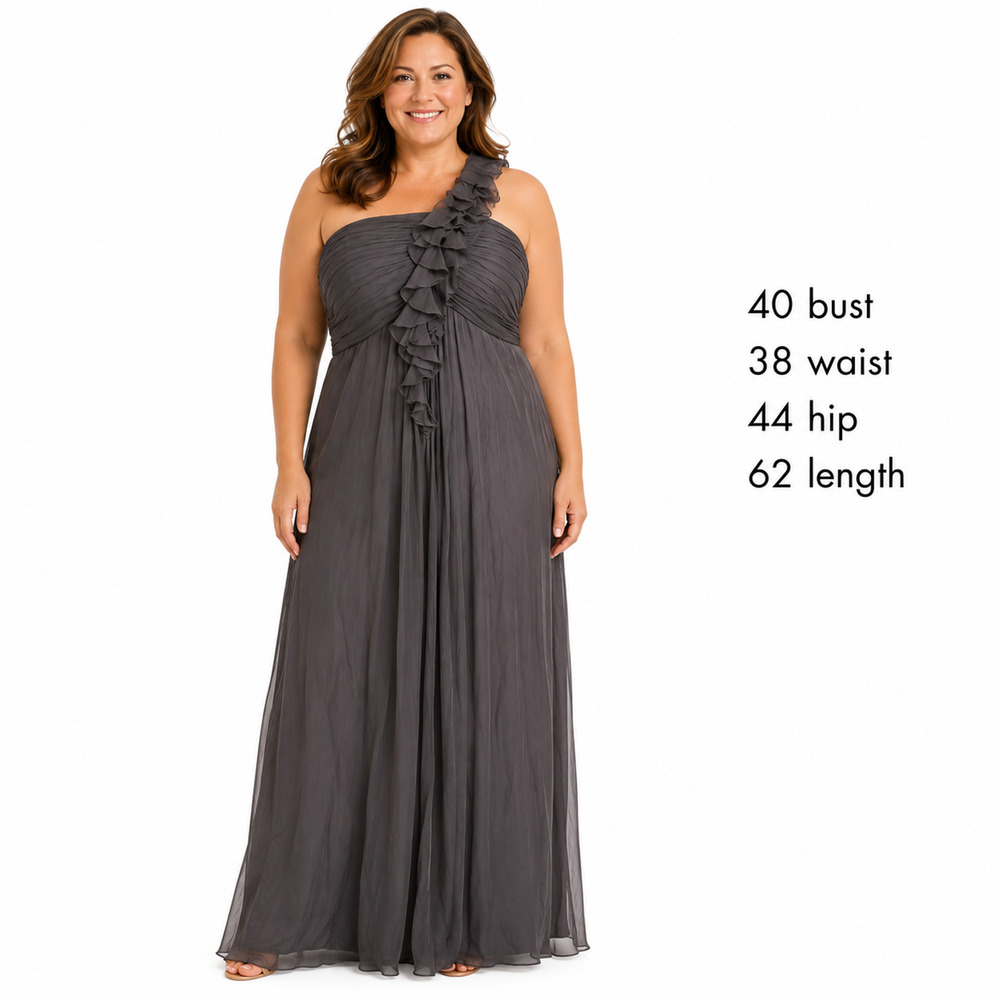 Amsale Dark Gray One Shoulder Ruffle Maxi Length Formal Dress 100% Silk sz 14